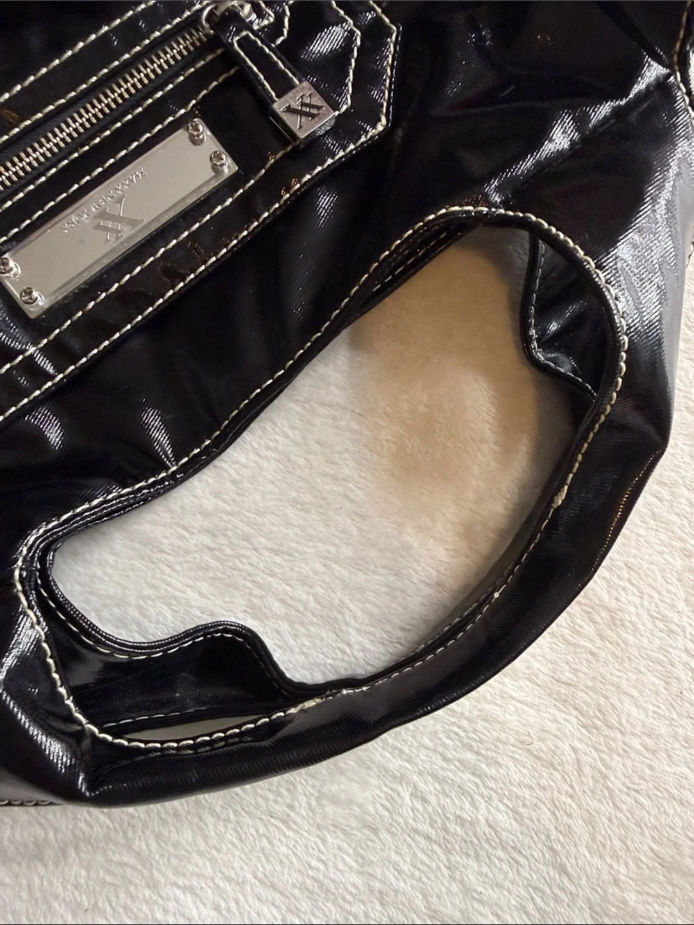 Maxx New York Black Patent PVC Tote Shoulder Bag White Contrast Stitch Y2K